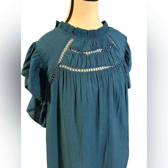 SHEIN Blue Flutter Sleeve Blouse with Mandarin Collar - Picture 2 of 6